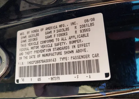 2009 Honda Accord 2.4 Ex-L from USA, damaged, VIN 1HGCP26879A009143